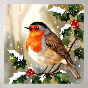 Watercolor Robin Christmas Design Poster