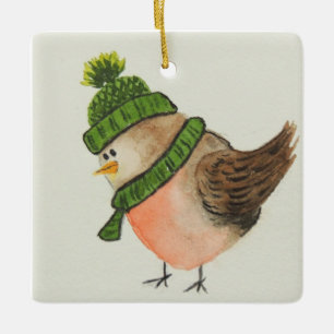 Watercolor Robin in  Green Scarf and Hat Ceramic Ornament