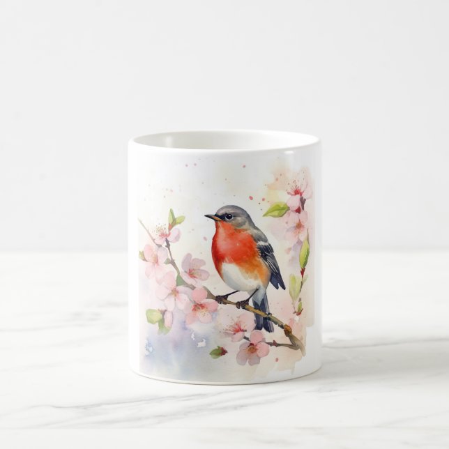 Watercolor Robin on Spring Cherry Blossom Branch Coffee Mug (Center)