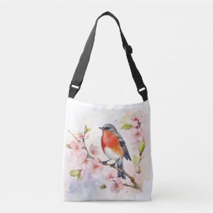 Watercolor Robin on Spring Cherry Blossom Branch Crossbody Bag