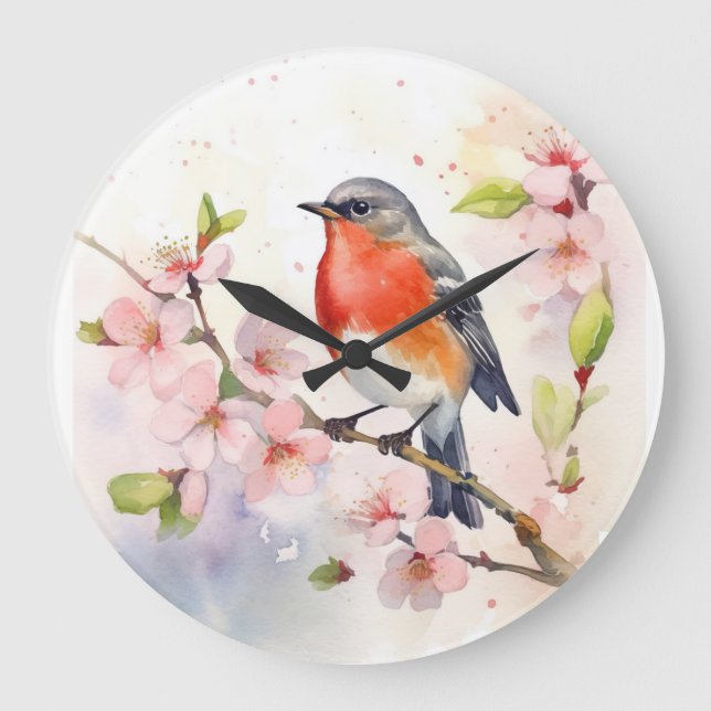 Watercolor Robin on Spring Cherry Blossom Branch Large Clock (Front)