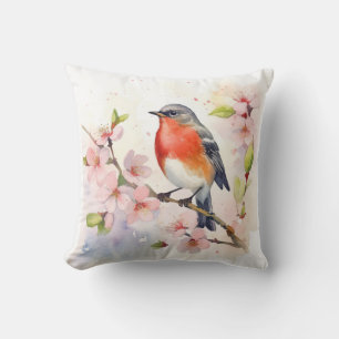 Watercolor Robin on Spring Cherry Blossom Branch Throw Pillow