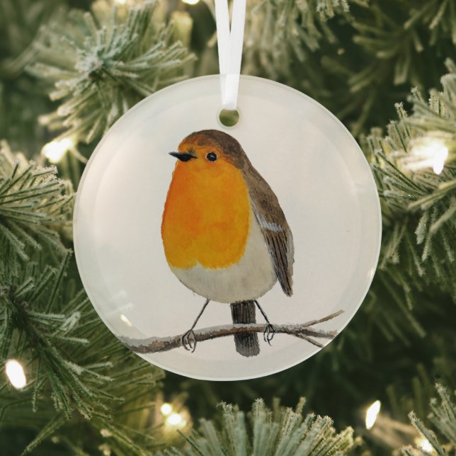 Watercolor Robin Redbreast  Glass Ornament (Insitu)