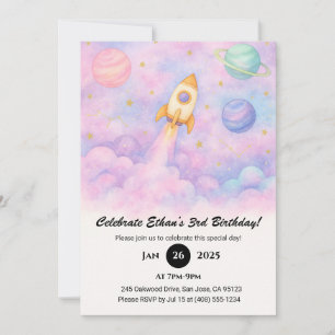 Watercolor Rocket & Dreamy Galaxy Birthday Invitation