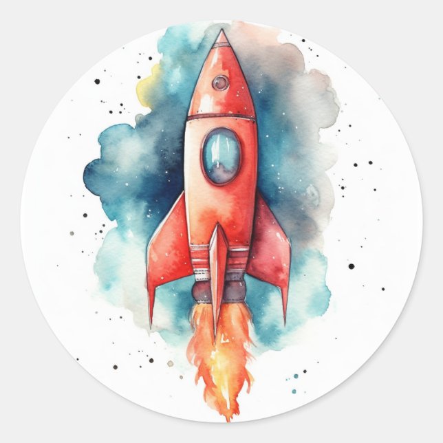 Watercolor rocket flying through stars classic round sticker (Front)