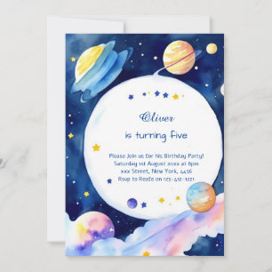Watercolor Rocket Galactic Birthday Invitation