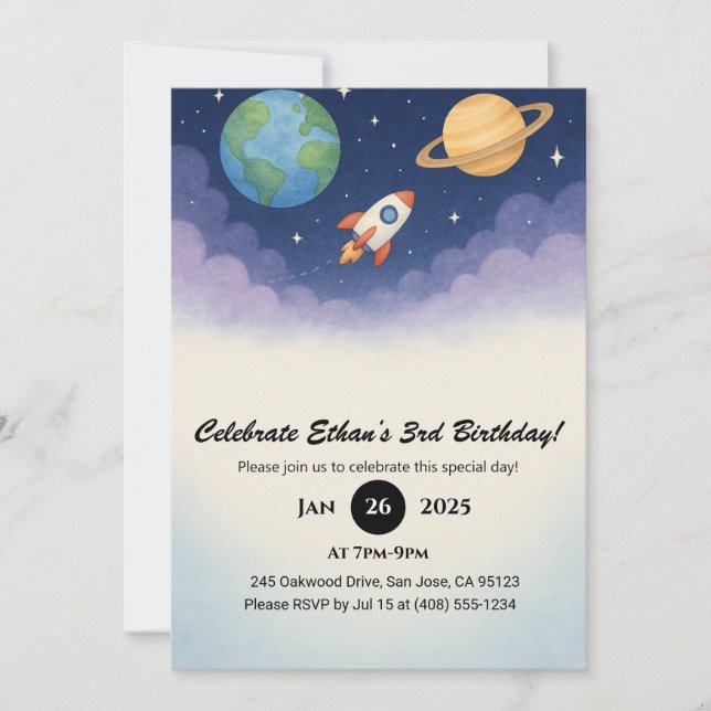 Watercolor Rocket in Dreamy Outer Space Birthday  Invitation (Front)