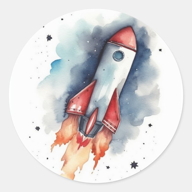 Watercolor Rocketship flying through the stars Classic Round Sticker (Front)