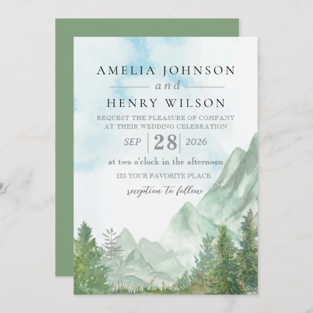 Watercolor Rocky Mountain Wedding Invitation (Front/Back)
