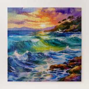 Watercolor Rocky Shoreline sunrise puzzle