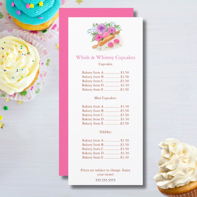 Watercolor Rolling Pin Roses Cupcake Price Menu (Creator Uploaded)