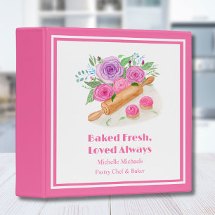 Watercolor Rolling Pin Roses Pastry Chef Baker Binder
