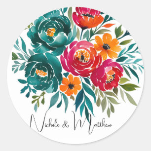 Watercolor Romance: A Colourful Blooms Wedding Classic Round Sticker