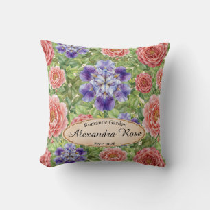 Watercolor Romantic Garden Rose Iris Peony Throw Pillow