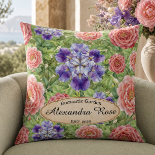 Watercolor Romantic Garden Rose Iris Peony Throw Pillow