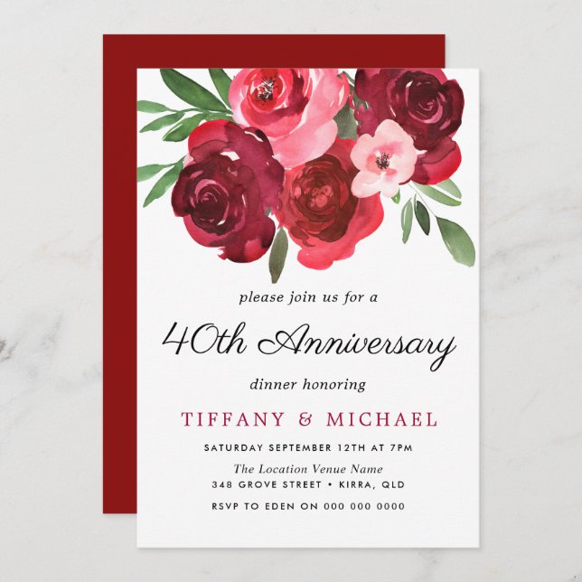 Watercolor Romantic Red Roses 40th Anniversary Invitation (Front/Back)