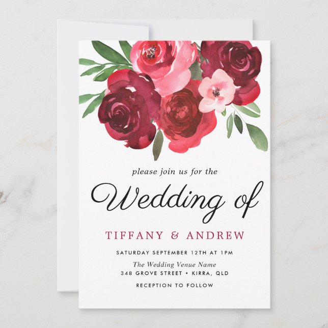 Watercolor Romantic Red Roses Wedding Invite (Front)