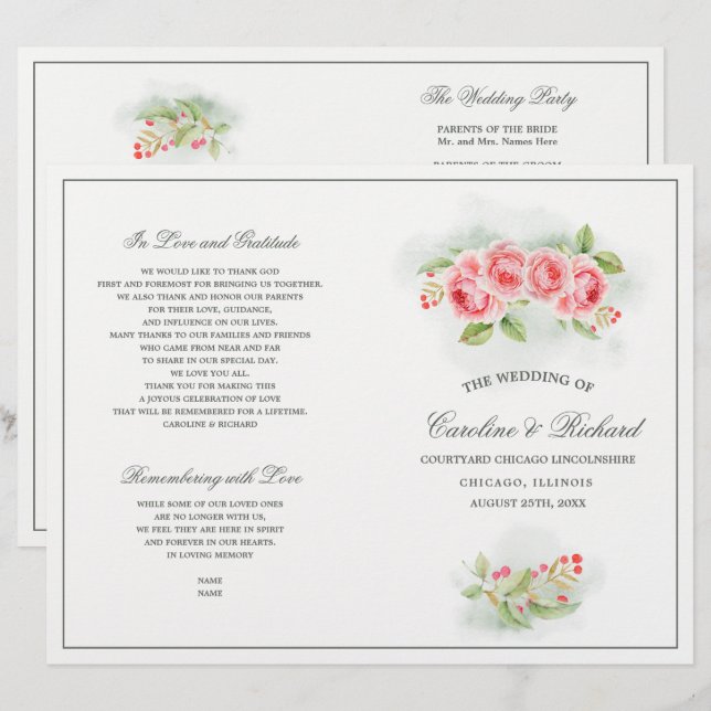 Watercolor Romantic Roses Folded Wedding Programs (Front/Back)