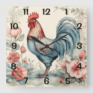 Watercolor Rooster and Flowers  Square Wall Clock