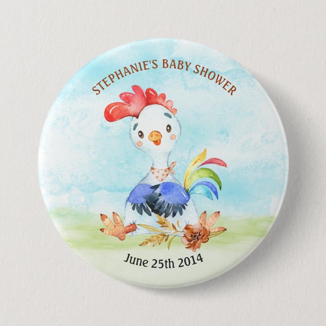 Watercolor Rooster Baby Shower Farm 3 Inch Round Button (Front)