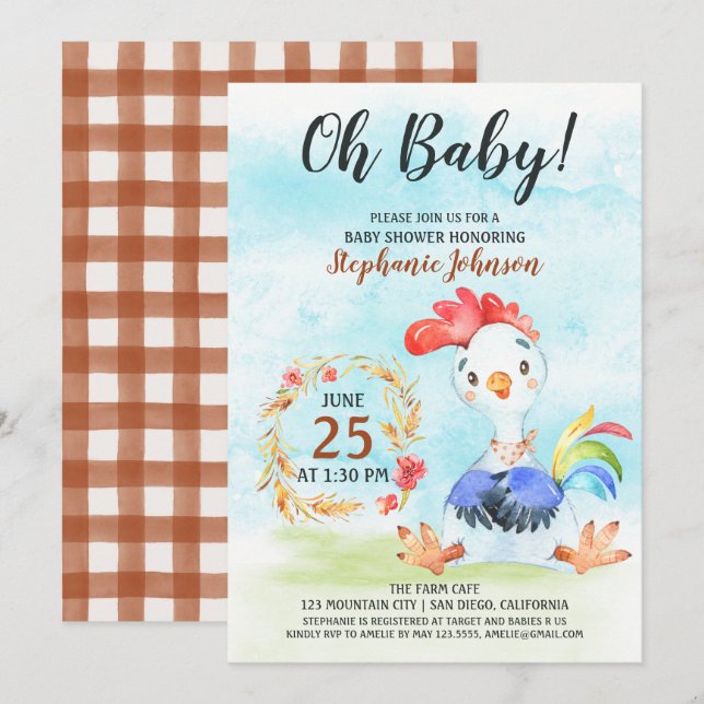 Watercolor Rooster Baby Shower Farm Invitation (Front/Back)