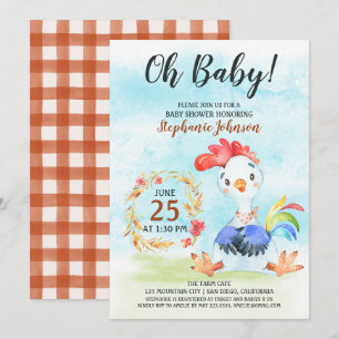 Watercolor Rooster Baby Shower Farm Invitation
