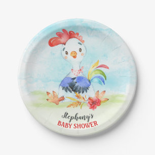 Watercolor Rooster Baby Shower Farm Paper Plate