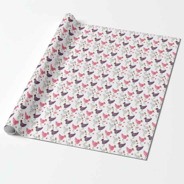 Watercolor Rooster Floral Pattern    Wrapping Paper (Unrolled)