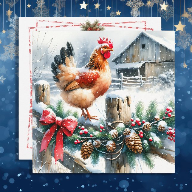 Watercolor Rooster on a Fence Post Christmas Holiday Card (Creator Uploaded)