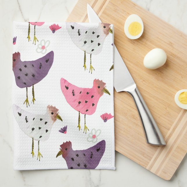 Watercolor Rooster Pink Purple Floral Pattern Kitchen Towel (Quarter Fold)