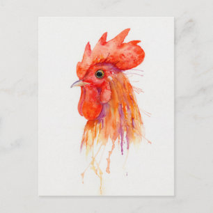 Watercolor Rooster Portrait Golden Postcard