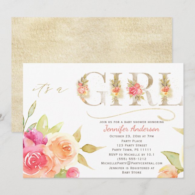 Watercolor Rose and Gold Baby Girl Shower Invitation (Front/Back)