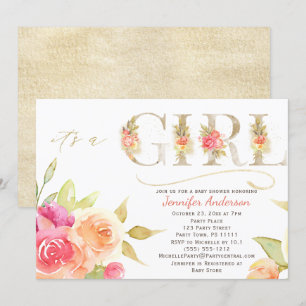 Watercolor Rose and Gold Baby Girl Shower Invitation
