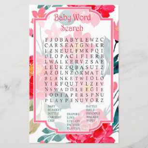 Watercolor rose Baby Shower Word Search Game