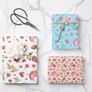 Watercolor Rose Bird Heart Pattern Valentine's Day Wrapping Paper Sheet