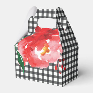 Watercolor Rose Black White Gingham Check Gable Favor Box