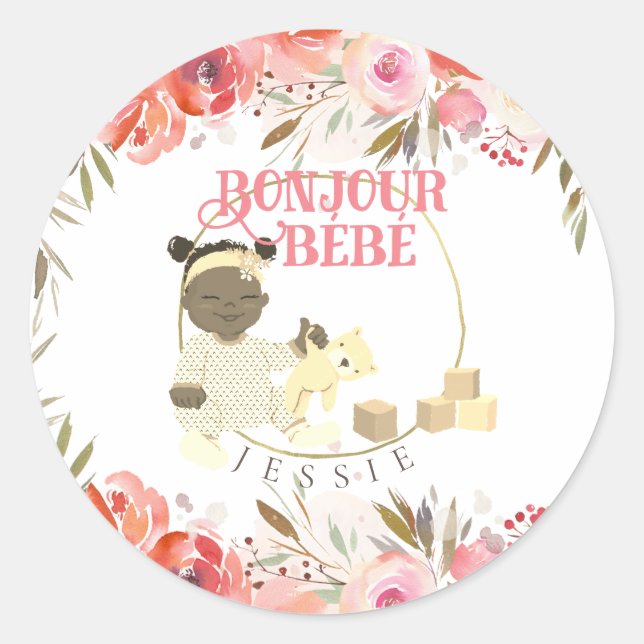 Watercolor Rose Bonjour Girl Baby 3 Classic Round Sticker (Front)