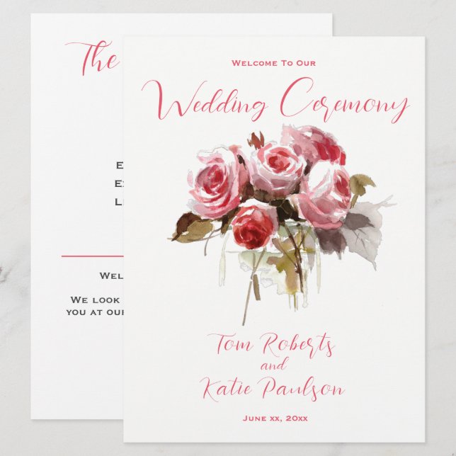 Watercolor Rose Bouquet Wedding  Program (Front/Back)