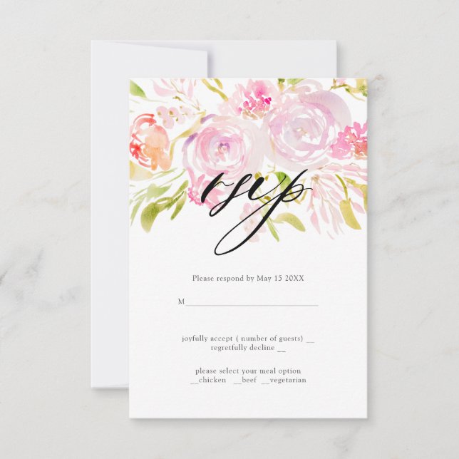 Watercolor Rose bouquet Wedding RSVP  (Front)