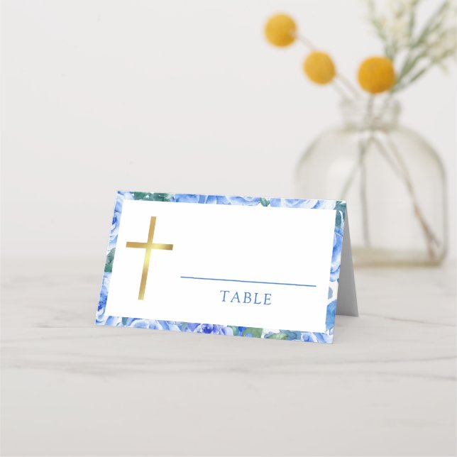 Watercolor Rose Dusty Blue Baptism Boy Place Card (Front)