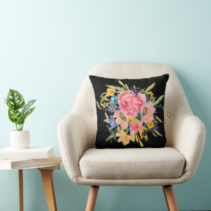 Watercolor Rose Floral Bouquet Throw Pillow