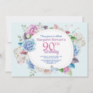 Watercolor Rose Floral Frame 90th Birthday Invitation