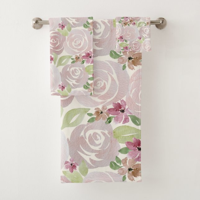 Watercolor rose floral patterned bath towel set (Insitu)