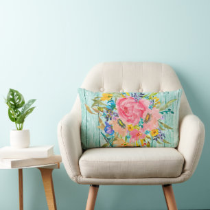 Watercolor Rose Floral Spray on Chippy Aqua Lumbar Pillow