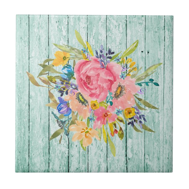 Watercolor Rose Floral Spray on Chippy Aqua Tile (Front)