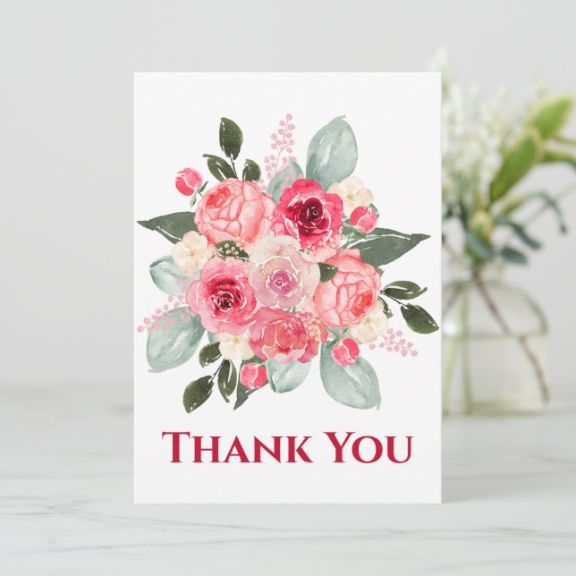 Watercolor Rose Floral Thank You Card (Standing Front)