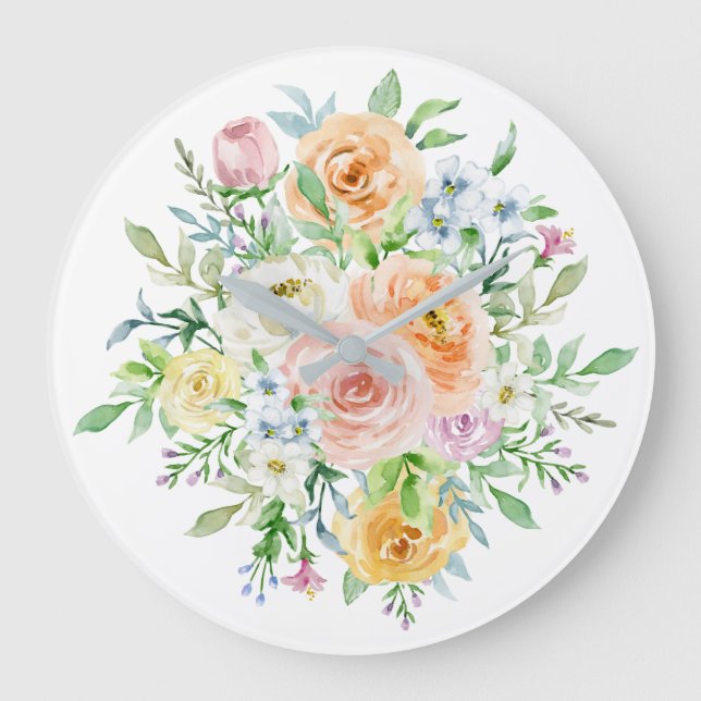 Watercolor Rose Flowers & Green Leaves Large Clock (Front)