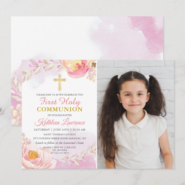 Watercolor Rose Garden First Holy Communion Photo Invitation (Front/Back)