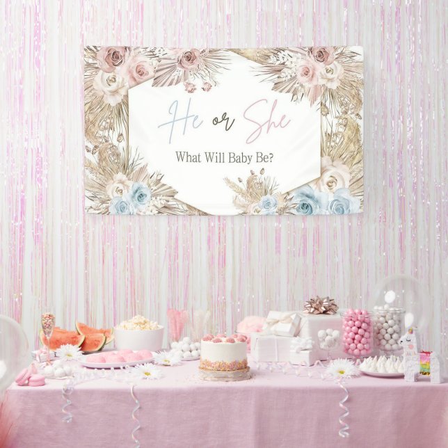 Watercolor Rose Gold and Navy Blue Gender Reveal Banner (Party)