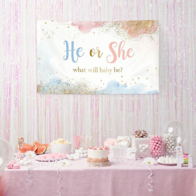Watercolor Rose Gold and Navy Blue Gender Reveal Banner (Party)